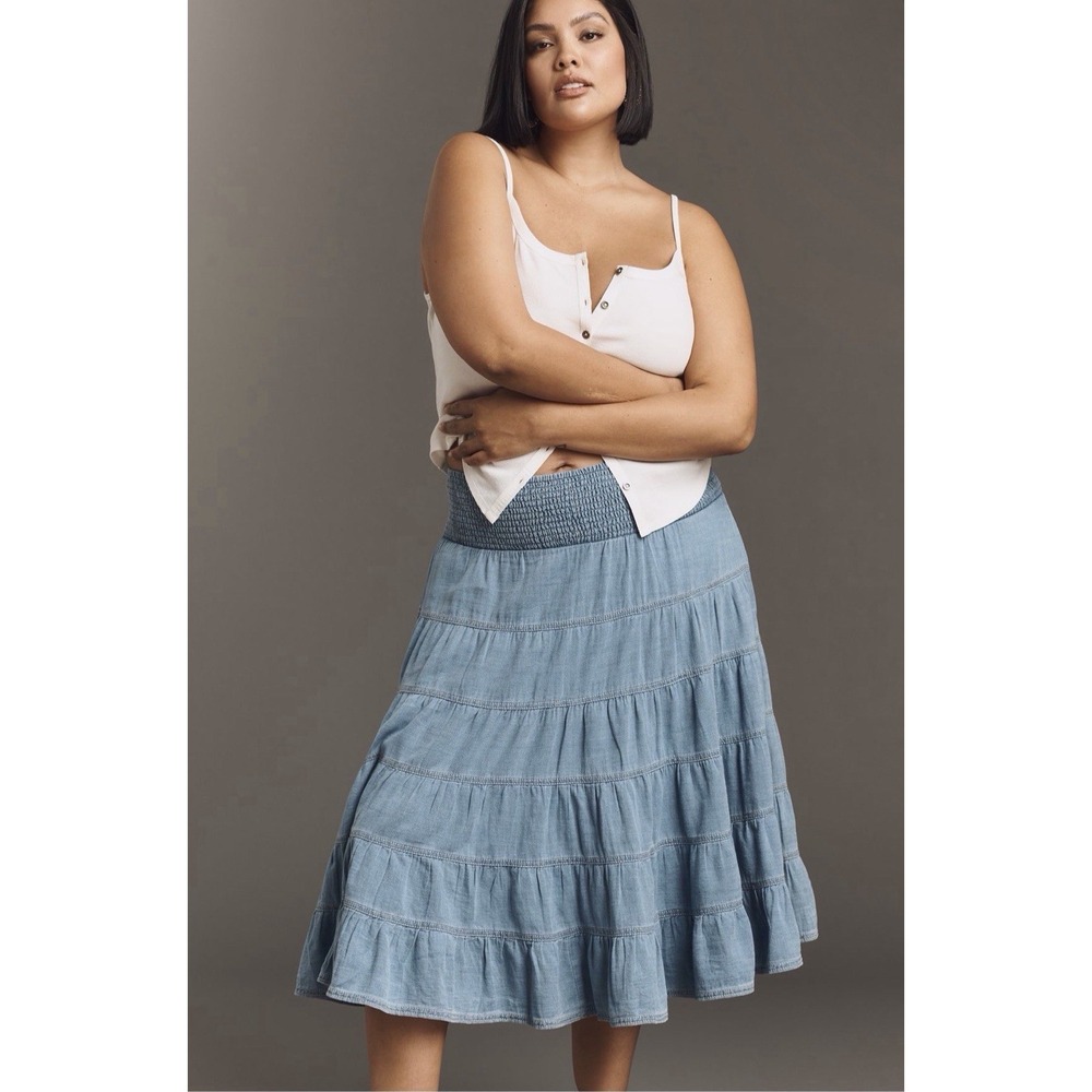 PILCRO XL Reese 100% Cotton Smocked Midi Skirt Light Denim $148 Anthropologie - Picture 3 of 14